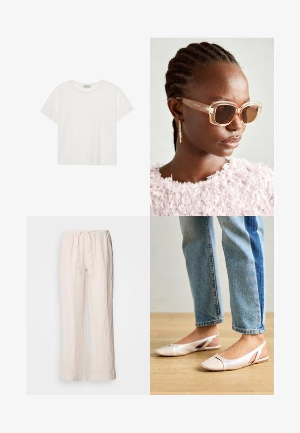 Witte T-shirt met korte mouwen, gemaakt van zachte katoen. Heeft een ronde halslijn en een relaxte pasvorm. Schoon ontwerp zonder zichtbare patronen of accenten.; Linnen, lichtbeige, wijde broek met een elastische tailleband en trekkoord. Heeft een getextureerd, licht gekreukt oppervlak.; Zachtroze slingback ballerina's met een spitse neus, gemaakt van een glad leerachtig materiaal. Bevat uitsnijdingen aan de zijkanten en heeft een platte hak.; Beige oversized zonnebril met een doorzichtig montuur en bruine getinte glazen, met subtiele bloemaccenten en een gedurfde, geometrische ontwerp.