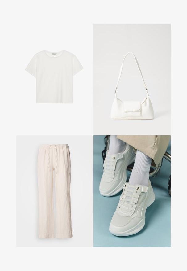 Weißes T-Shirt mit kurzen Ärmeln aus weicher Baumwolle. Verfügt über einen runden Halsausschnitt und eine lockere Passform. Sauberes Design ohne sichtbare Muster oder Akzente.; Leinen, hellbeige weite Hosen mit einem elastischen Bund und Kordelzugdetails. Besitzt eine strukturierte, leicht zerknitterte Oberfläche.; Weiße Sneaker aus Mesh-Material, mit Gummisohle, schnürfreiem Design mit elastischen Bändern und goldfarbenen Akzenten.; Weiße synthetische Handtasche in dreieckiger Form, flache Vorderklappe und Schleifendetail, verstellbarer Trageriemen, glatte Textur und minimalistisches Design.