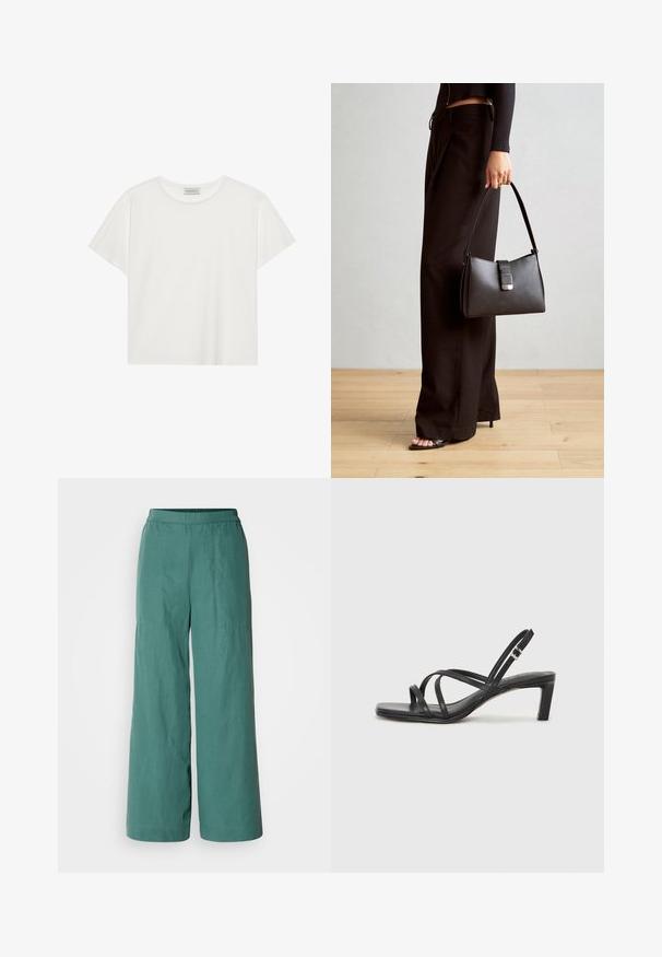 Witte T-shirt met korte mouwen, gemaakt van zachte katoen. Heeft een ronde halslijn en een relaxte pasvorm. Schoon ontwerp zonder zichtbare patronen of accenten.; Wijde broekspijpen in een effen teal kleur, met een elastische tailleband en een lichtgewicht, gestructureerde stof. Geschikt voor casual draagmomenten.; Zwarte sandaal met bandjes, vierkante teen en een lage blokhak. Voorzien van meerdere dunne bandjes en een verstelbare enkelband. Gemaakt van zacht leer.; Zwarte handtas met gestructureerde vorm, gladde textuur en een metalen sluiting. Gecombineerd met brede zwarte broeken en sandalen met open teen op een houten vloer.