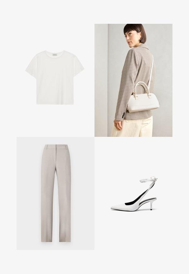 T-shirt blanc à manches courtes en coton doux. Présente un col rond et une coupe décontractée. Design épuré sans motifs ni accents visibles.; Pantalons taillés beige clair avec une coupe droite. Confectionnés en tissu texturé, dotés d'un devant plat et de passants de ceinture.; Talons aiguilles blanches à bout pointu avec une fine sangle à la cheville. Matériau en cuir lisse, talon aiguille fin et doublure intérieure noire.; Sac à main structuré blanc avec de courtes poignées et une bandoulière, doté de accents en métal doré et d'un matériau texturé, présenté sur un fond gris.