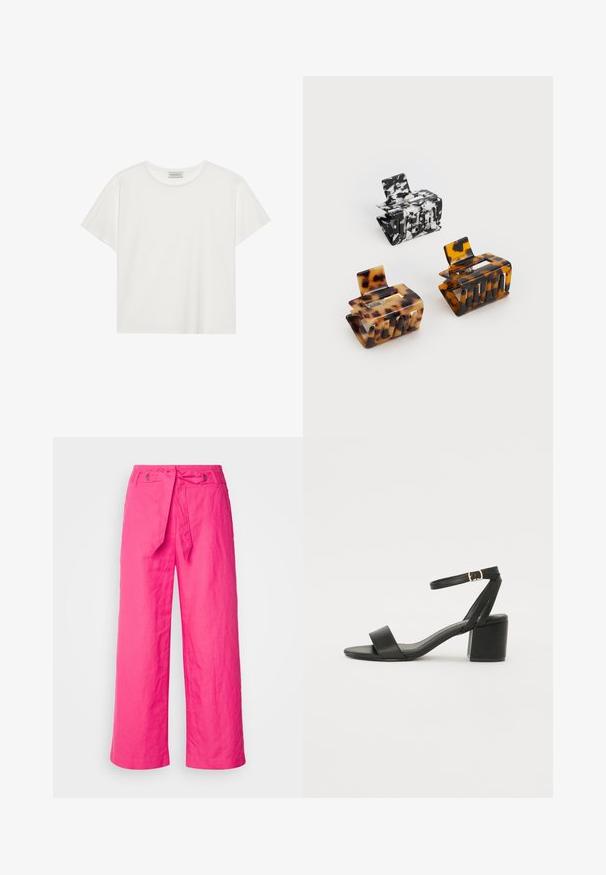 White short-sleeve T-shirt made of soft cotton. Features a round neckline and relaxed fit. Clean design with no visible patterns or accents.; Pink linen wide-leg trousers with a tie waist, featuring a textured surface and metal hardware accents at the waist.; Black heeled sandal featuring a smooth leather upper, an open toe, wide front straps, and adjustable ankle strap with a gold buckle detail.; Three hair clips: one black and white marbled, two tortoiseshell in brown and black hues, all made of glossy plastic with a textured finish.