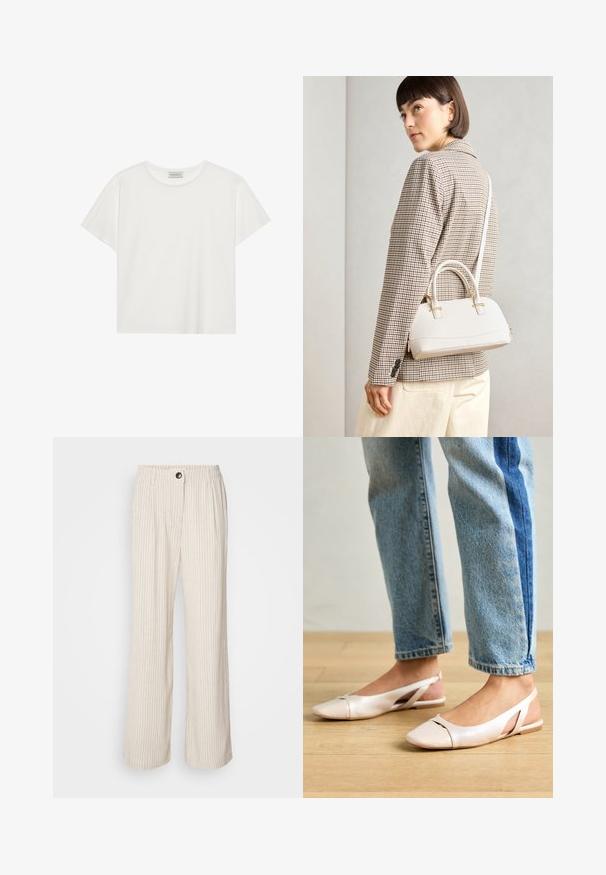 Bijela kratkodlaka majica od mekog pamuka. Ima okrugli izrez i opušteni kroj. Čist dizajn bez vidljivih uzoraka ili akcenata.; Svijetlosmeđe hlače širokih nogavica s vertikalnim prugama, elastičnim pojasom i kopčanjem na gumb. Izrađene od teksturirane tkanine za opušteni kroj.; Svijetlo ružičaste slingback balerinke s šiljastim vrhom, izrađene od glatkog materijala nalik koži. Sadrže izrezane detalje sa strane i ravnu petu.; Bijela strukturna torba s kratkim ručkama i remenom za rame, s zlatnim metalnim detaljima i teksturiranim materijalom, prikazana na sivoj pozadini.