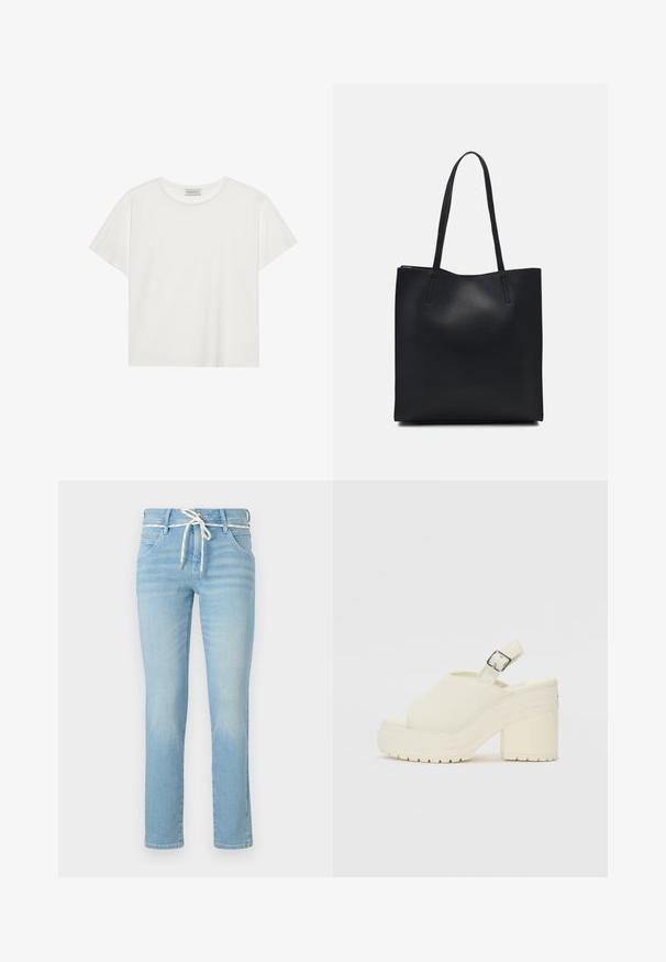 Balta trumpa rankovė T-marškiniai, pagaminti iš minkštos medvilnės. Charakterizuojami apvali kaklo iškirpte ir laisvu siluetu. Švarus dizainas be matomų raštų ar akcentų.; Šviesiai mėlyni džinsai su tiesiomis kojomis, kurie turi baltą raištį liemens srityje ir lengvą blyškumą visame paviršiuje.; Baltos platformos bateliai su atvira nosimi ir užsegimu ant kulno. Pagaminti iš tekstūruoto medžiagos, pasižymi storu padu su sukibimo raštais.; Juodas odinis tote krepšys su lygia tekstūra, stačiakampio formos ir dviem ilgais rankenomis. Matomų metalinių detalių ar puošybos nėra.