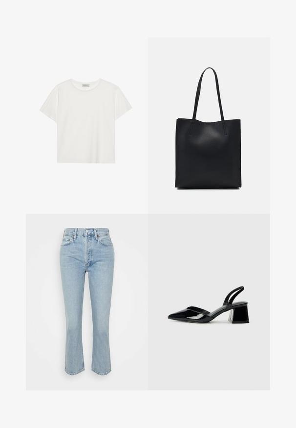 Hvit T-skjorte med kort erm laget av myk bomull. Har rund hals og avslappet passform. Rent design uten synlige mønstre eller aksenter.; Agolde RILEY - Jeans straight leg - dimension light indigo; Svarte patentlær slingback hæler med spiss tå og geometrisk blokk hæl. Har et stilrent, minimalistisk design og jevn tekstur.; Svart lær tote bag med glatt tekstur, rektangulær form og to lange håndtak. Ingen synlige deler eller dekorasjoner.
