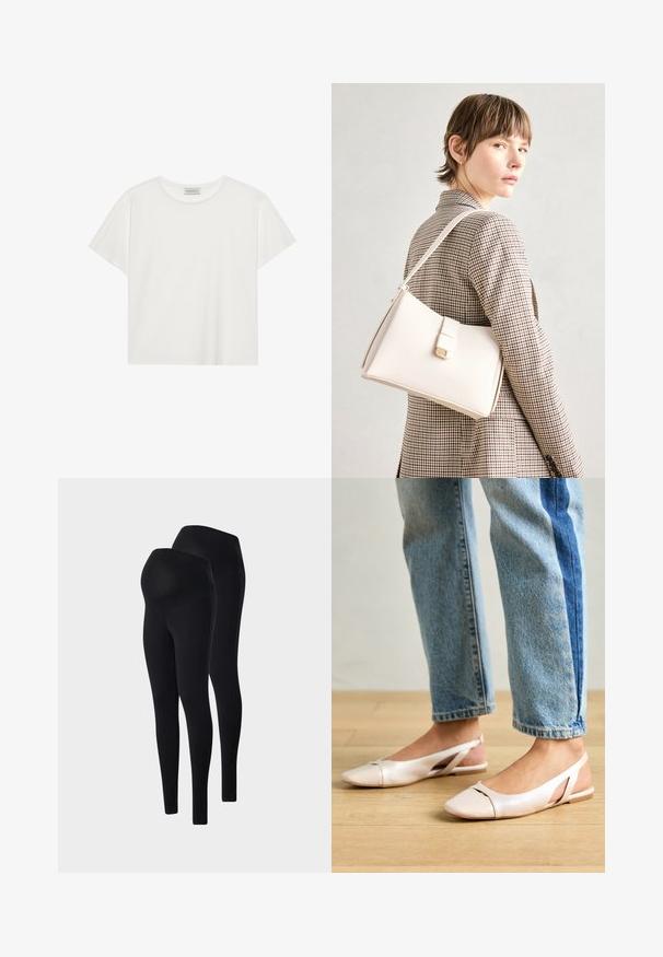Fehér, rövid ujjú póló, puha pamutból készült. Kerek nyakkivágással és laza szabással rendelkezik. Tiszta dizájn, látható minták vagy díszítések nélkül.; Fekete terhességi leggings rugalmas anyagból. Magas, elasztikus derékpánttal és sima textúrával rendelkezik. Két darabos kiszerelésben kapható.; Világos rózsaszín slingback laposlábú cipők, hegyes orral, sima bőrhatású anyagból készült. Oldalt kivágott részletek találhatók rajta, valamint lapos sarkú.; Fehér bőr táska strukturált dizájnnal, mágneses záródással és vállpánttal, semleges háttér előtt bemutatva.