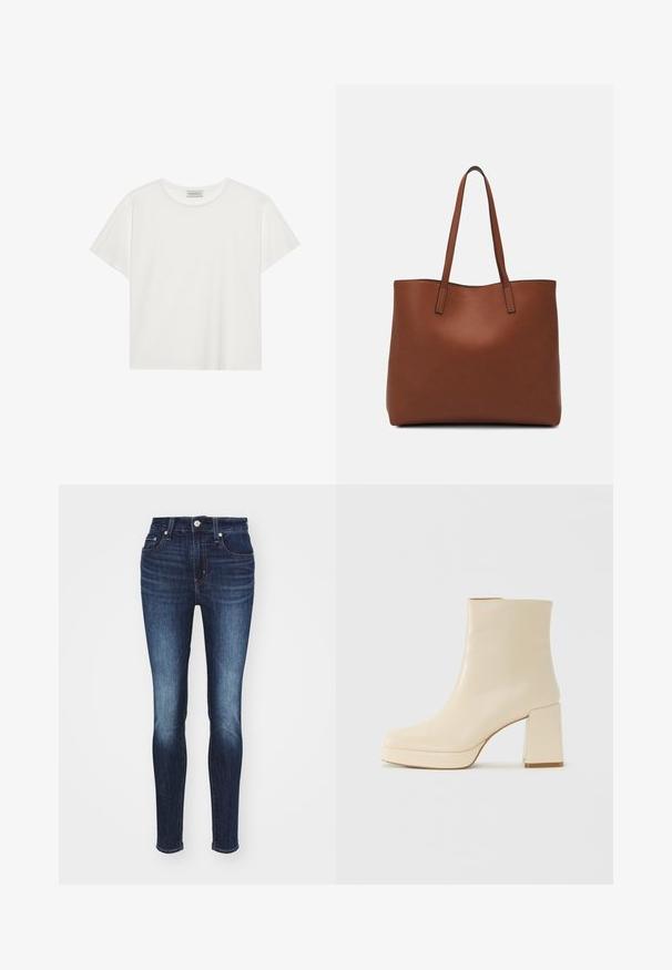 Balta trumpa rankovė T-marškiniai, pagaminti iš minkštos medvilnės. Charakterizuojami apvali kaklo iškirpte ir laisvu siluetu. Švarus dizainas be matomų raštų ar akcentų.; Tamsiai mėlyni siaurėjantys džinsai su vidutinio aukščio juosmeniu, su blukusiu raštu, penkiomis kišenėmis ir metaliniu mygtuku bei užtrauktuku.; Smėlio spalvos odiniai aulinukai su blokuotu kulnu ir platforma, lygiu paviršiumi ir šiek tiek kvadratiniu nosiu, pasukti kairėn ant balto fono.; Ruda odinė priekabų krepšys su glotnia tekstūra, atviru viršumi ir dviem petnešomis. Su minimalia siuvimo detalėmis ir nematoma aparatūra.