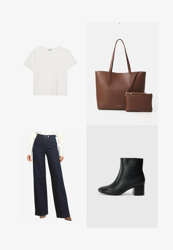 Valge lühikeste varrukatega t-särk, mis on valmistatud pehmest puuvillast. Omab ümmargust kaelust ja mugavat lõiget. Puhtad jooned, ilma nähtavate mustrite või aktsentideta.; Tumed sinine laiad denim püksid kõrge vöökoht ja eesnepp. Omavad küljetaskuid ja puhta viimistlusega ääret.; Mustad nahast pahkluu saapad terava varbaga ja jämeda kandaga. Sile tekstuur minimaalse aktsentidega ja stiilne, lihvitud disain.; Pruun kunstnahast kott kahe pika käepidemega ja sobiva väikese kotti. Pinna peal on tekstuuriga muster ja kuldsed metallist detailid.