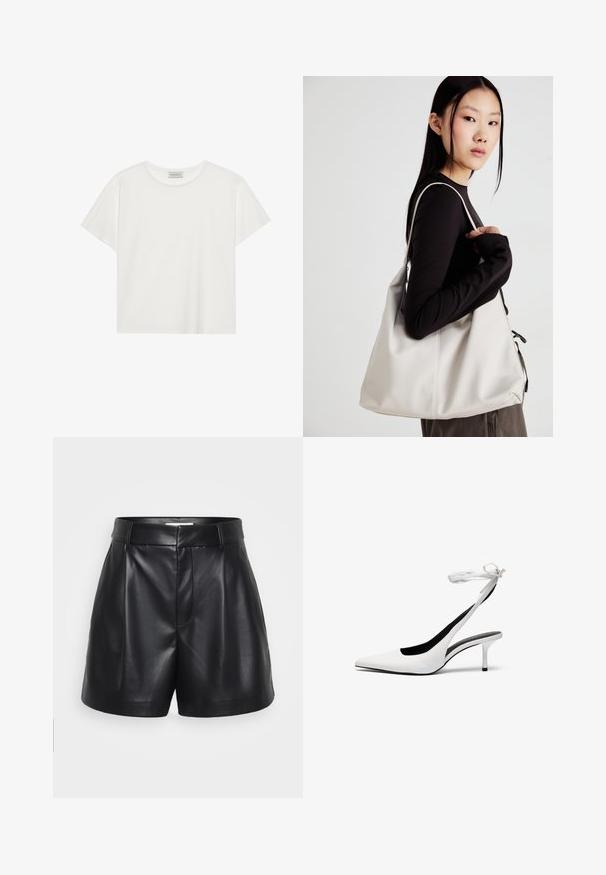 Tricou alb cu mânecă scurtă, made din bumbac moale. Are un guler rotund și o croială lejeră. Design curat, fără modele sau accente vizibile.; Shorts din piele neagră cu talie înaltă, față plisată și buzunare laterale. Textură netedă cu un finisaj lucios.; Pantofi cu toc slingback albi, cu vârful ascuțit și curea subțire la glezna. Material din piele netedă, toc subțire stil stiletto și căptușeală interioară neagră.; Geantă bej din material moale, cu un design lejer, detalii cusute și două bretele pentru umăr. Potrivită pentru utilizarea zilnică.
