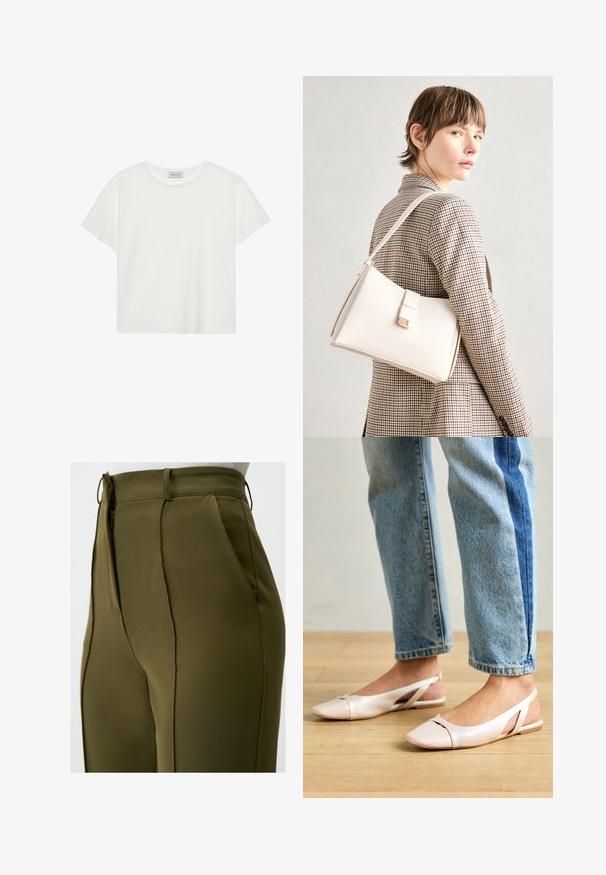 Witte T-shirt met korte mouwen, gemaakt van zachte katoen. Heeft een ronde halslijn en een relaxte pasvorm. Schoon ontwerp zonder zichtbare patronen of accenten.; Olijfgroen op maat gemaakte broek met een gladde textuur, verticale naden, zijzakken en een ritssluiting op de taille.; Zachtroze slingback ballerina's met een spitse neus, gemaakt van een glad leerachtig materiaal. Bevat uitsnijdingen aan de zijkanten en heeft een platte hak.; Witte leren handtas met een gestructureerd ontwerp, voorzien van een magneetsluiting en een schouderriem, tentoongesteld tegen een neutrale achtergrond.