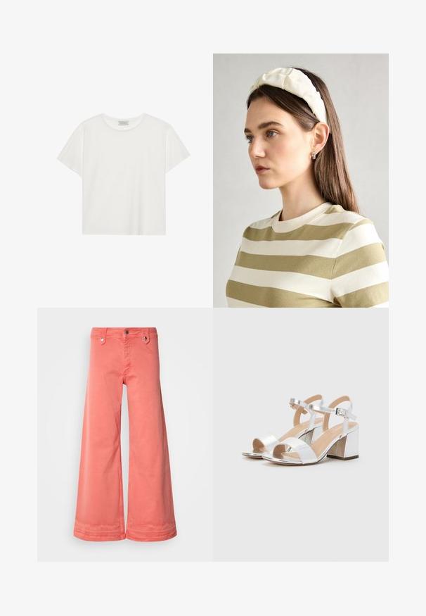 Fehér, rövid ujjú póló, puha pamutból készült. Kerek nyakkivágással és laza szabással rendelkezik. Tiszta dizájn, látható minták vagy díszítések nélkül.; Korall színű, bőv kategóriás nadrág, ami pamutból készült, öt zsebbel, fém hardverrel és tiszta befejezéssel az alján. Klasszikus gombos és cipzáras záródással rendelkezik.; Ezüst, nyitott orrú, magas sarkú szandálok, két széles pánttal és lekerekített tömbsarkúval. Simának tűnő, fényes felület.; Krém színű párnázott fejpánt csavaros kivitelezéssel, bézs és fehér csíkos pólóval párosítva, kerek nyakkivágással. Diszkrét ékszer kiegészítők.