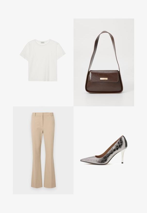 Bílé tričko s krátkým rukávem vyrobené z měkké bavlny. Má kulatý výstřih a volný střih. Čistý design bez viditelných vzorů nebo akcentů.; Béžové kalhoty na míru se rovním střihem, s plochým předním dílem, poutky na opasek a hladkým povrchem. Žádné viditelné kapsy nebo vzory.; Stříbrný vysoký podpatek s špičatou špičkou vyrobený z umělého materiálu s návrhem krokodýlích šupin, s elegantním stiletto podpatkem s černým akcentem.; Hnědá kožená taška přes rameno se strukturovaným tvarem, vybavená magnetickou klopou a metalickým logem na přední straně.