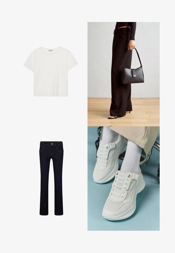 T-shirt bianco a maniche corte realizzato in morbido cotone. Presenta un collo rotondo e una vestibilità comoda. Design pulito senza modelli o dettagli visibili.; Jeans in denim blu scuro con vestibilità dritta, caratterizzati da cuciture gialle, design a cinque tasche e chiusura con bottone metallico in vita.; Sneaker bianchi realizzati in materiale a rete, suola in gomma, design senza lacci con bande elastiche e dettagli in tonalità oro.; Borsa nera con forma strutturata, texture liscia e una chiusura metallica. Abbinata a pantaloni neri larghi e sandali open-toe su un pavimento in legno.