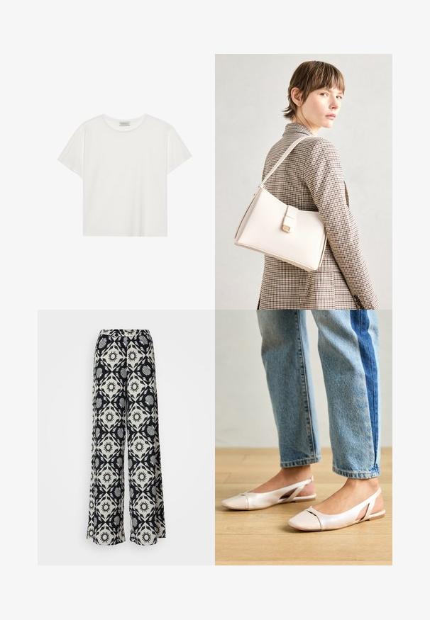 Valge lühikeste varrukatega t-särk, mis on valmistatud pehmest puuvillast. Omab ümmargust kaelust ja mugavat lõiget. Puhtad jooned, ilma nähtavate mustrite või aktsentideta.; Laiad püksid, millel on must-valge muster, millel on päikese ja kestade motiivid. Valmistatud kergetest kangast, millel on mugav vöökoht.; Kahvatu roosa slingback lapikute jalatsite paar, millel on terav varvas, valmistatud siledast nahataolisest materjalist. Omab külgedel lõikekohti ja lapikut kontsa.; Valge nahast käekott struktureeritud disainiga, millel on magnetlukk ja õlavarre rihm, esitletud neutraalse tausta ees.