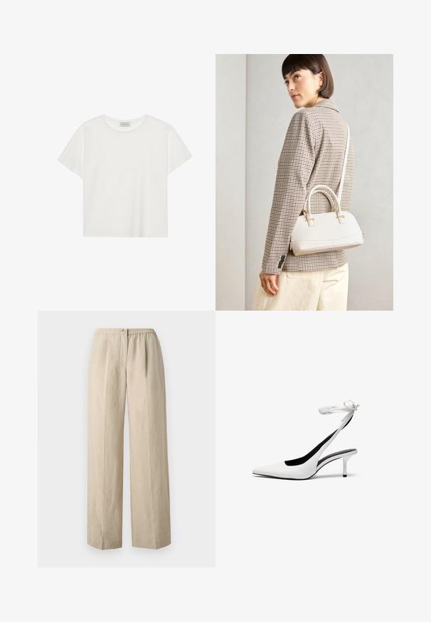 Fehér, rövid ujjú póló, puha pamutból készült. Kerek nyakkivágással és laza szabással rendelkezik. Tiszta dizájn, látható minták vagy díszítések nélkül.; Beige, bő szárú nadrág puha anyagból, gyűrt, rugalmas derékpánttal és elől gombos záródással. Simaszerkezet, redőzéssel.; Fehér, hegyes orrú, hátsó pánttal ellátott magassarkú cipők vékony boka pánttal. Finom bőrből készült, vékony tűsarkú, és fekete belső béléssel rendelkezik.; Fehér, strukturált kézitáska rövid füllel és vállpánttal, arany színű fém kiegészítőkkel és texturált anyagból, szürke háttér előtt bemutatva.