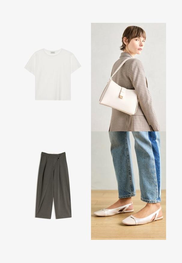 Tricou alb cu mânecă scurtă, made din bumbac moale. Are un guler rotund și o croială lejeră. Design curat, fără modele sau accente vizibile.; Pantaloni largi dintr-un material gri închis. Prezintă un croi drept, buzunare laterale și un închidere cu un singur nasture. Textură netedă, potrivire ajustată.; Sandalete plate de un roz pal cu vârf ascuțit, realizate dintr-un material asemănător pielii, neted. Prezintă detalii decupate pe laterale și un toc plat.; Geantă de mână din piele albă cu un design structurat, având o închidere magnetică și un breteau, expusă pe un fundal neutru.