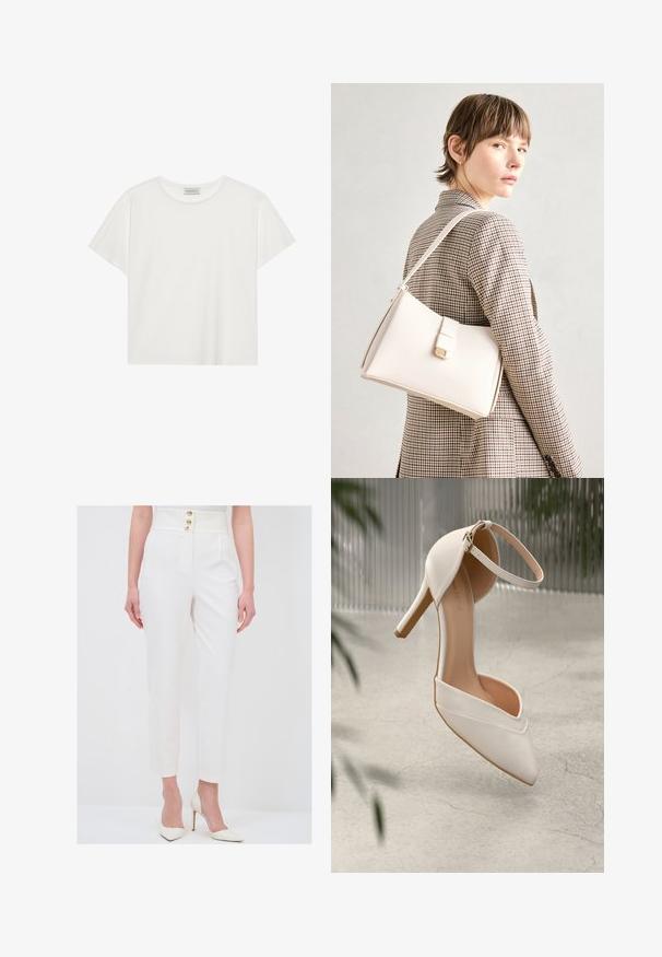 T-shirt blanc à manches courtes en coton doux. Présente un col rond et une coupe décontractée. Design épuré sans motifs ni accents visibles.; adL Pantalon classique - white; Chaussure à talons hauts blanche en matériau lisse, avec un bout pointu et une sangle autour de la cheville. Présente un intérieur beige clair et des accents en matériel doré.; Sac à main en cuir blanc au design structuré, doté d'un fermoir magnétique et d'une bandoulière, présenté sur un fond neutre.