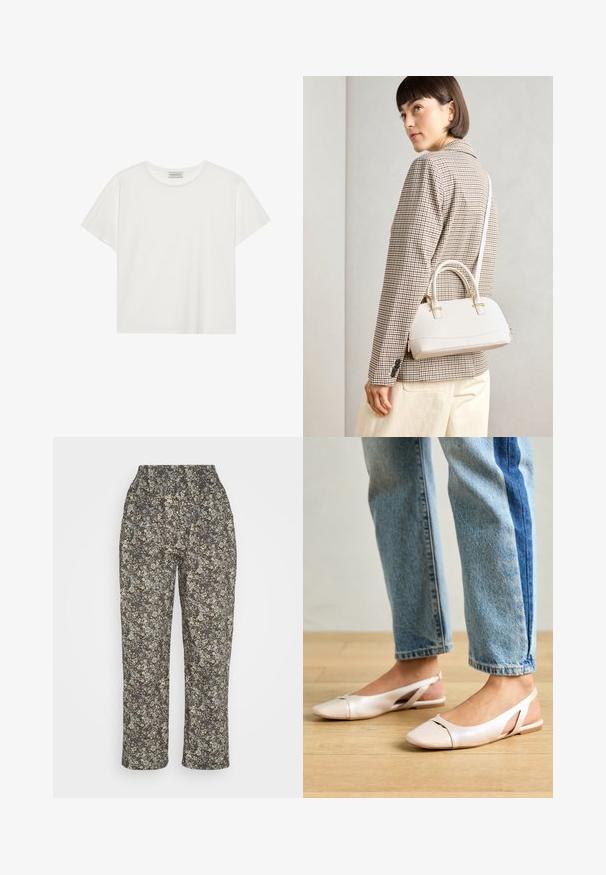 Fehér, rövid ujjú póló, puha pamutból készült. Kerek nyakkivágással és laza szabással rendelkezik. Tiszta dizájn, látható minták vagy díszítések nélkül.; Virágmintás nadrág rugalmas derékkal. Könnyű anyagból készült, barna alapszínű, krémszínű, kék és zöld virágmintákkal. Egyenes szárú fazon.; Világos rózsaszín slingback laposlábú cipők, hegyes orral, sima bőrhatású anyagból készült. Oldalt kivágott részletek találhatók rajta, valamint lapos sarkú.; Fehér, strukturált kézitáska rövid füllel és vállpánttal, arany színű fém kiegészítőkkel és texturált anyagból, szürke háttér előtt bemutatva.