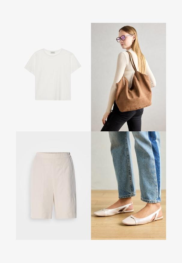 T-shirt bianco a maniche corte realizzato in morbido cotone. Presenta un collo rotondo e una vestibilità comoda. Design pulito senza modelli o dettagli visibili.; Pantaloni corti color crema con vestibilità comoda, caratterizzati da una parte anteriore piatta, una cintura elastica e dettagli di cucitura discreti sui lati.; Ballerine slingback rosa pallido con punta affusolata, realizzate in un materiale simile alla pelle liscio. Presentano dettagli a taglio sui lati e un tacco piatto.; Borsa a tracolla in suede marrone con texture morbida, ampia apertura e lunghe cinghie. Caratterizzata da un design semplice con cuciture visibili e senza accessori.