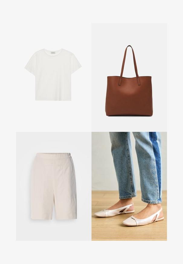 Valge lühikeste varrukatega t-särk, mis on valmistatud pehmest puuvillast. Omab ümmargust kaelust ja mugavat lõiget. Puhtad jooned, ilma nähtavate mustrite või aktsentideta.; Kreemivärvilised lühikesed püksid mugava lõikega, lamedate esitaskutega, elastse vöökoha ja külgedel delikaatsete õmblusdetailidega.; Kahvatu roosa slingback lapikute jalatsite paar, millel on terav varvas, valmistatud siledast nahataolisest materjalist. Omab külgedel lõikekohti ja lapikut kontsa.; Pruun nahast tote-kott, millel on sile tekstuur, avatud ülaosa disain ja kaks õlarihma. Omab minimaalset õmblust ja nähtavat riistvara ei ole.