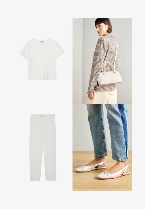 T-shirt blanc à manches courtes en coton doux. Présente un col rond et une coupe décontractée. Design épuré sans motifs ni accents visibles.; Pantalon blanc sur mesure avec une coupe droite, doté d'une fermeture à bouton, de passants de ceinture et de poches latérales ; texture de tissu lisse.; Ballerines slingback rose pâle avec un bout pointu, fabriquées en un matériau semblable au cuir lisse. Présentent des découpes sur les côtés et un talon plat.; Sac à main structuré blanc avec de courtes poignées et une bandoulière, doté de accents en métal doré et d'un matériau texturé, présenté sur un fond gris.