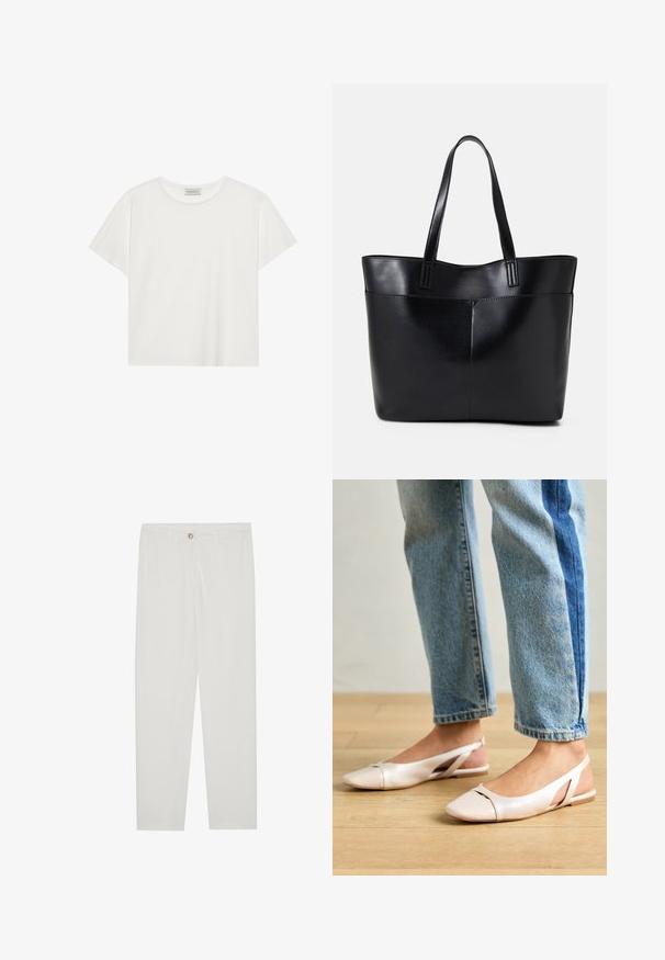 Valge lühikeste varrukatega t-särk, mis on valmistatud pehmest puuvillast. Omab ümmargust kaelust ja mugavat lõiget. Puhtad jooned, ilma nähtavate mustrite või aktsentideta.; Valged kohandatud püksid sirge lõikega, varustatud nupuga kinnitusega, vöödega ja küljetaskutega; sile kangatekstuur.; Kahvatu roosa slingback lapikute jalatsite paar, millel on terav varvas, valmistatud siledast nahataolisest materjalist. Omab külgedel lõikekohti ja lapikut kontsa.; Must mustaga musta nahast, millel on kaks pikka kanda, sile tekstuur ja struktureeritud kuju. Esipoolsel on lisakoti jaoks tasku.