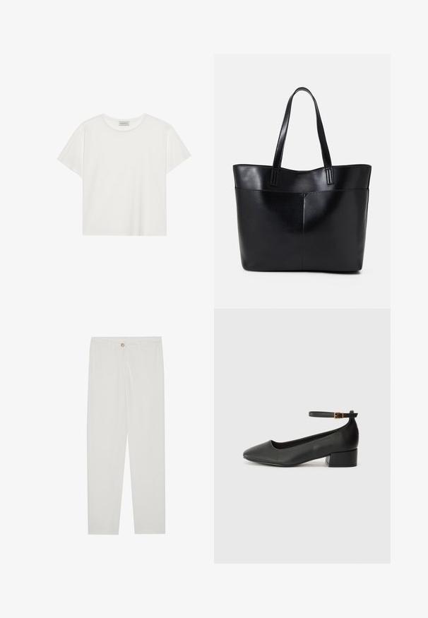 Valkoinen lyhythihainen T-paita, joka on valmistettu pehmeästä puuvillasta. Siinä on pyöreä kaula-aukko ja rento istuvuus. Siisti muotoilu ilman näkyviä kuvioita tai yksityiskohtia.; Valkoiset, muotoon ommellut housut, joissa on suora lahjerakenne, napillinen sulkeminen, vyölenkit ja sivutaskut; sileä kangas.; Mustat nahkakengät, joissa on terävä kärki ja matala lohkare korko. Varustettu nilkkahihnalla, jossa on kultasävyinen solki. Lisää sileä pinta.; Musta nahkainen kassi, jossa on kaksi pitkää kahvaa, sileä pinta ja jämäkkä muoto. Sisältää etutaskun lisävarastointia varten.