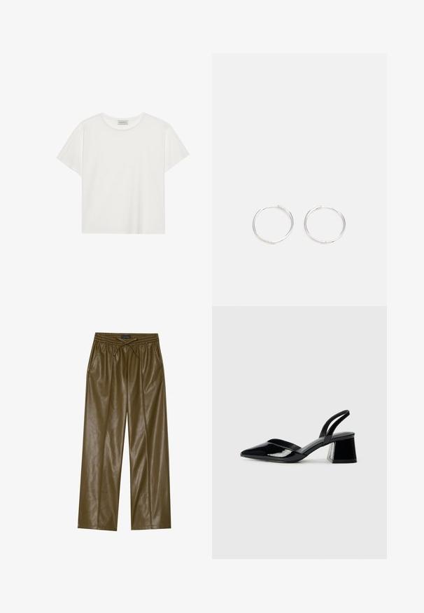 Bílé tričko s krátkým rukávem vyrobené z měkké bavlny. Má kulatý výstřih a volný střih. Čistý design bez viditelných vzorů nebo akcentů.; Kalhoty širokého střihu z olivově zelené umělé kůže s elastickým pasem a nastavitelnou šňůrkou. Obsahují dvě boční kapsy a hladký povrch.; Černé lakované kožené lodičky na pásku s špičatou špičkou a geometrickým blokovým podpatkem. Vyznačují se elegantním, minimalistickým designem a hladkým povrchem.; Stříbrné kruhové náušnice s elegantním, kulatým designem, s hladkým povrchem a bez viditelných ozdob. Průměr není specifikován.