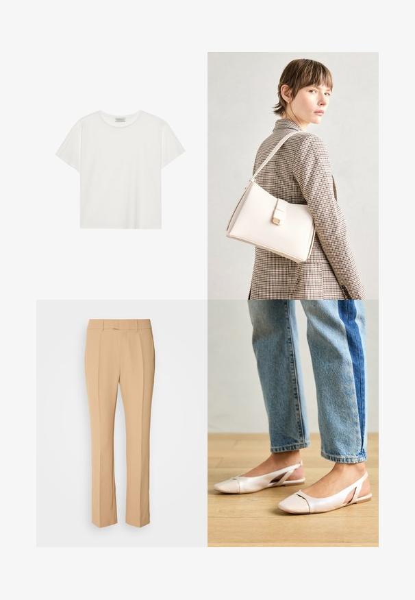Valge lühikeste varrukatega t-särk, mis on valmistatud pehmest puuvillast. Omab ümmargust kaelust ja mugavat lõiget. Puhtad jooned, ilma nähtavate mustrite või aktsentideta.; Beezid kohandatud püksid sirge säärega, millel on kaks eesmist voldikut, lamedat eesmist disaini ja sujuv, kerge kangas.; Kahvatu roosa slingback lapikute jalatsite paar, millel on terav varvas, valmistatud siledast nahataolisest materjalist. Omab külgedel lõikekohti ja lapikut kontsa.; Valge nahast käekott struktureeritud disainiga, millel on magnetlukk ja õlavarre rihm, esitletud neutraalse tausta ees.