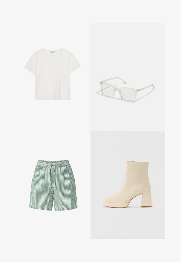Balts īsām piedurknēm T-krekls, kas izgatavots no mīksta kokvilnas. Tam ir apaļš izgriezums un brīvs piegriezums. Tīrs dizains bez redzamām rakstiem vai akcentiem.; Zaļi un balti svītraini šorti ar teksturētu audumu, elastīgu jostu un saite. Ikdienas, ceļa garuma dizains komfortam.; Beige ādas potītes zābaki ar blokveida papēdi un platformas zoli, gluda virsma un nedaudz kvadrātveida purngali, vērsti pa kreisi uz balta fona.; Caursplūstošas kvadrātveida brillēs ar caurspīdīgiem lēcām, ar zelta akcentiem uz tempļiem, lai pievienotu detaļas.; Melnas ādas somiņa ar gludu tekstūru, taisnstūra formu un divām garām rokturiem. Nav redzamu aparatūras vai rotājumu.