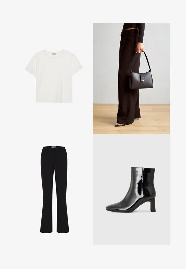 White short-sleeve T-shirt made of soft cotton. Features a round neckline and relaxed fit. Clean design with no visible patterns or accents.; Black flared trousers made from a smooth fabric, featuring a fitted waistband and a clean front design without pockets.; Black patent leather ankle boot with a pointed toe and a mid-height block heel. Smooth texture and minimalist design.; Black handbag with structured shape, smooth texture, and a metallic clasp. Paired with wide black pants and open-toe sandals on wooden floor.