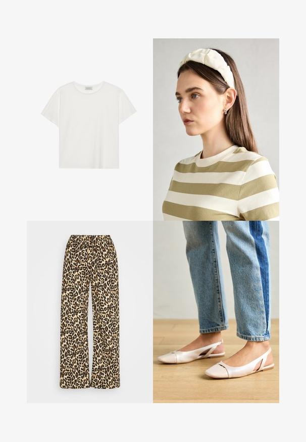 Fehér, rövid ujjú póló, puha pamutból készült. Kerek nyakkivágással és laza szabással rendelkezik. Tiszta dizájn, látható minták vagy díszítések nélkül.; Leopárdmintás bőszárú nadrág, elasztikus derékkal és zsinórral. Bézs alapú, barna és fekete foltokkal.; Világos rózsaszín slingback laposlábú cipők, hegyes orral, sima bőrhatású anyagból készült. Oldalt kivágott részletek találhatók rajta, valamint lapos sarkú.; Krém színű párnázott fejpánt csavaros kivitelezéssel, bézs és fehér csíkos pólóval párosítva, kerek nyakkivágással. Diszkrét ékszer kiegészítők.