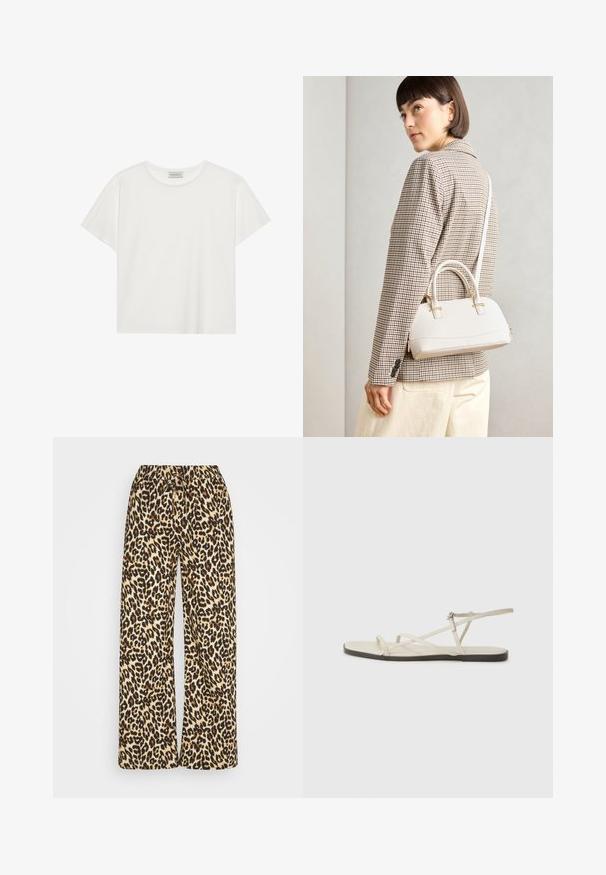 Bela kratkotrajna majica s kratkimi rokavi, narejena iz mehke bombažne tkanine. Ima okroglo ovratnico in sproščen kroj. Čist dizajn brez vidnih vzorcev ali akcentov.; Hlače širokih nogavic z leopardjim vzorcem, z elastičnim pasom in vrvico. Imajo bež ozadje z rjavimi in črnimi pikami.; Beige ravne sandale z več tankimi trakovi in nastavljivim zaponcem. Podplat je raven z rahlo temnim kontrastom na robu.; Bela strukturirana torba z kratkimi ročaji in naramnim trakom, z zlatimi okrasnimi elementi in teksturiranim materialom, prikazana na sivi podlagi.
