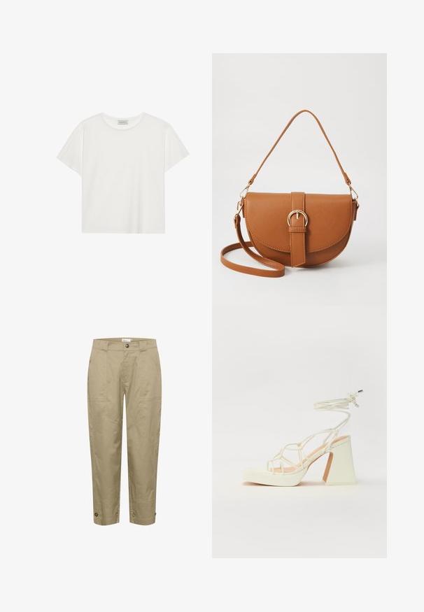 Valkoinen lyhythihainen T-paita, joka on valmistettu pehmeästä puuvillasta. Siinä on pyöreä kaula-aukko ja rento istuvuus. Siisti muotoilu ilman näkyviä kuvioita tai yksityiskohtia.; Beige, kevyet housut suoran leikkauksen omaavina, sivutaskuilla ja napin yksityiskohdilla hemissä säädettävän istuvuuden ja tyylin vuoksi.; Valkoinen korkokenkä, jossa on paksu korko, ja joka sisältää nauhakiinnityksen ja nilkkaketjun. Sujuva pinta, jossa on platform-etupohja lisäkorkeutta varten.; Ruskean nahkainen olkalaukku, jossa on kaareva muoto, kultaiset yksityiskohdat ja solkiyksityiskohta. Varustettu irrotettavalla olkahihnalla.