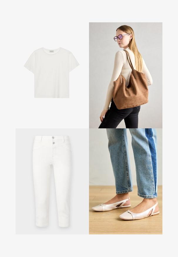 Hvit T-skjorte med kort erm laget av myk bomull. Har rund hals og avslappet passform. Rent design uten synlige mønstre eller aksenter.; Hvite, avkuttede jeans laget av bomullsblandingsstoff. Har to frontlommer, to baklommer og en glatt overflate. Metallknapplukking.; Lys rosa slingback leiligheter med spiss tå, laget av et glatt, læraktig materiale. Har utskjæringer på sidene og lav hæl.; Brun semsketotebag med myk tekstur, stor åpning og lange stropper. Har et enkelt design med synlig søm og uten maskinvare.