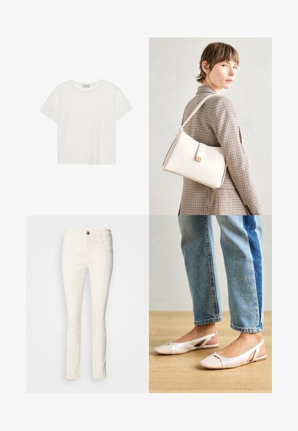 Biele tričko s krátkymi rukávmi vyrobené z jemnej bavlny. Má okrúhly výstrih a voľný strih. Čistý dizajn bez viditeľných vzorov alebo akcentov.; Biele, úzke džínsy vyrobené z úpletu z bavlny. Majú päť vreciek, zapínanie na gombík a hladkú, mierne lesklú textúru.; Svetloružové slingback baleríny s jemne špicatou špičkou, vyrobené z hladkého materiálu pripomínajúceho kožu. Majú výrezové detaily na stranách a plochý opätok.; Biely kožený kabelka so štruktúrovaným dizajnom, s magnetickým uzáverom a ramenným popruhom, vystavená na neutrálnom pozadí.