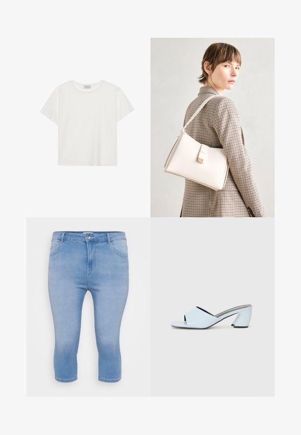 Balts īsām piedurknēm T-krekls, kas izgatavots no mīksta kokvilnas. Tam ir apaļš izgriezums un brīvs piegriezums. Tīrs dizains bez redzamām rakstiem vai akcentiem.; Gaiša zila denima kapri bikses ar pieguļošu formu, vienu priekšējo kabatu un rāvējslēdzēju. Pabeigtas ar apmalotām kājām potīšu rajonā.; Gaiši zilas atvērtā purngala papēžu mūlas ar ģeometrisku dizainu, kas ietver platu siksnu pāri pēdai un masīvu, stūrainu papēdi.; Balta ādas rokassoma ar strukturētu dizainu, kurai ir magnētiska aizdare un plecu josta, parādīta uz neitrāla fona.