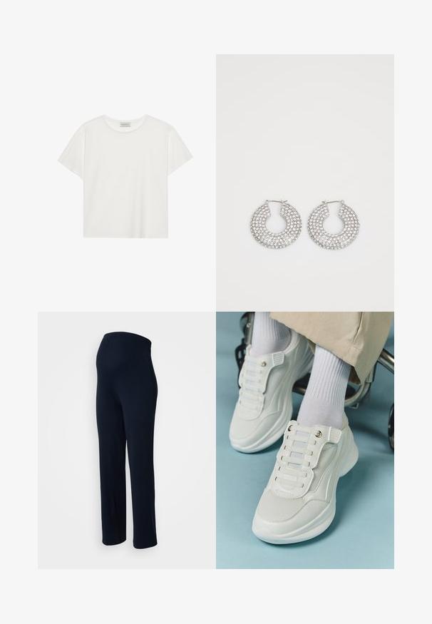 Balts īsām piedurknēm T-krekls, kas izgatavots no mīksta kokvilnas. Tam ir apaļš izgriezums un brīvs piegriezums. Tīrs dizains bez redzamām rakstiem vai akcentiem.; Tumši zili stingri bikses ar gludu tekstūru, elastīgu jostu un taisna kāju dizainu, bez redzamiem detaļām vai rakstiem.; Baltie sporta apavi ar sietu materiālu, gumijas zoli, bez šņoru dizainu ar elastīgām beigām un zeltainiem akcentiem.; Sudraba gredzenveida auskari, kuros ir vairākas caurspīdīgas kristālu rotaslietas, ar teksturētu virsmu un atvērtu apļa dizainu.