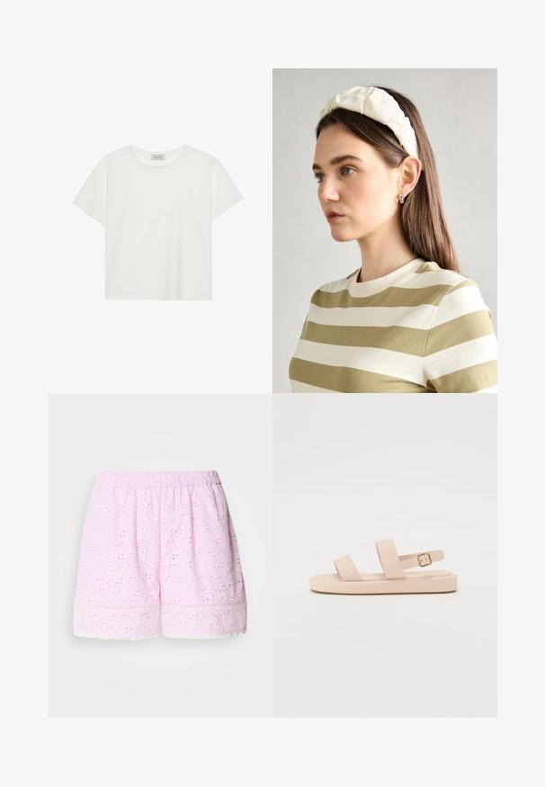 Hvid kortærmet T-shirt lavet af blødt bomuld. Har en rund halsudskæring og en afslappet pasform. Rent design uden synlige mønstre eller accenter.; Lyserøde bomuldsbukser med broderet blomsterdesign, elastisk talje og blonder trim ved kanten. Let og åndbart stof.; Nude sandaler med to brede stropper på toppen og en justerbar ankelrem. Flad sål med en let tekstur. Spænde detail på ankelremmen.; Cremefarvet, polstret pandebånd med snoet design, parret med en beige og hvid stribet skjorte med rund hals. diskrete smykke accenter.