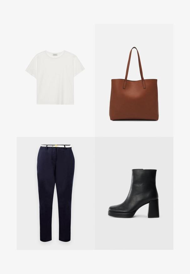 Bijela kratkodlaka majica od mekog pamuka. Ima okrugli izrez i opušteni kroj. Čist dizajn bez vidljivih uzoraka ili akcenata.; Mornarice chinos kroja slim fit, od pamučne tkanine, s bijelim remenom koji ima zlatni kopču. Glatka tekstura, ravne nogavice, minimalistički dizajn.; Crna kožna čizma do gležnja s blok petom i platformom, prikazana s bočne strane na jednostavnoj bijeloj pozadini.; Smeđa kožna torba preko ramena s glatkom teksturom, otvorenim vrhom i dvjema naramenicama. Ima minimalne šavove i nema vidljivog hardvera.