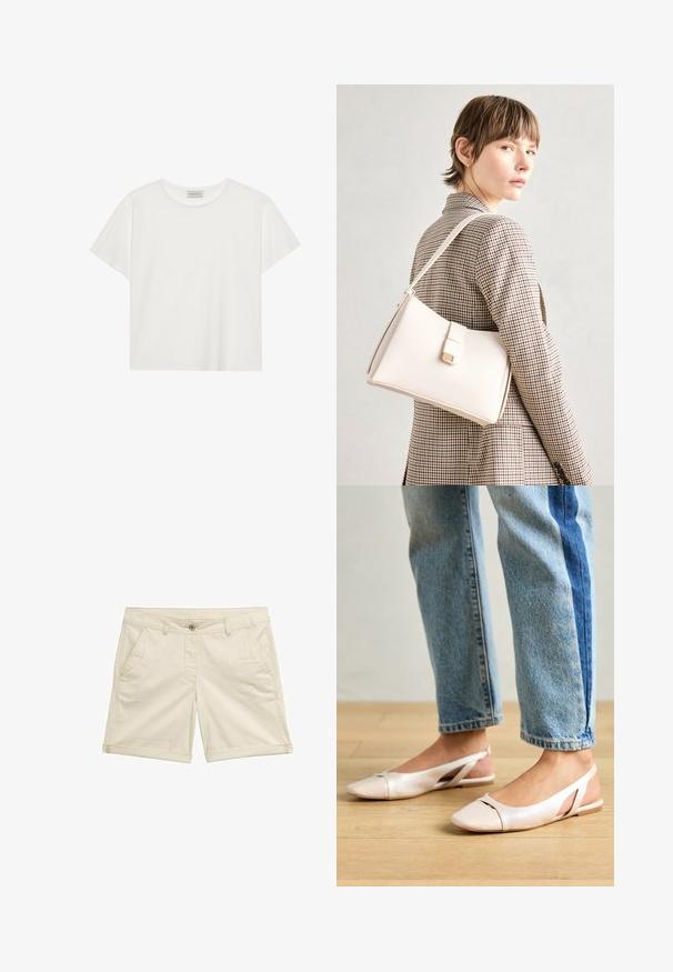 Witte T-shirt met korte mouwen, gemaakt van zachte katoen. Heeft een ronde halslijn en een relaxte pasvorm. Schoon ontwerp zonder zichtbare patronen of accenten.; Beige shorts van geweven stof, met vier zakken, een knoopsluiting en opgerolde boorden voor een nette afwerking.; Zachtroze slingback ballerina's met een spitse neus, gemaakt van een glad leerachtig materiaal. Bevat uitsnijdingen aan de zijkanten en heeft een platte hak.; Witte leren handtas met een gestructureerd ontwerp, voorzien van een magneetsluiting en een schouderriem, tentoongesteld tegen een neutrale achtergrond.