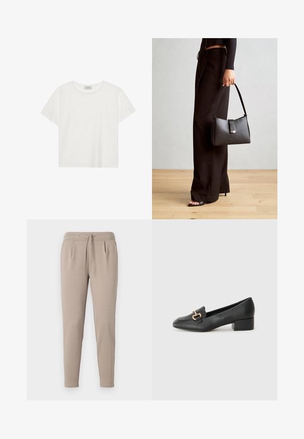 Biele tričko s krátkymi rukávmi vyrobené z jemnej bavlny. Má okrúhly výstrih a voľný strih. Čistý dizajn bez viditeľných vzorov alebo akcentov.; Béžové jogger nohavice vyrobené z mäkkej tkaniny, s elastickým pásom na šnúrku a bočnými vreckami. Členitý strih nohavíc.; Čierne kožené mokasíny s plochým podpätkom, ktoré majú dekoratívny zlatý kovový detail vpredu a hladkú textúru.; Čierna kabelka so štruktúrovaným tvarom, hladkou textúrou a kovovou sponou. V kombinácii so širokými čiernymi nohavicami a sandálmi s otvorenou špičkou na drevenej podlahe.