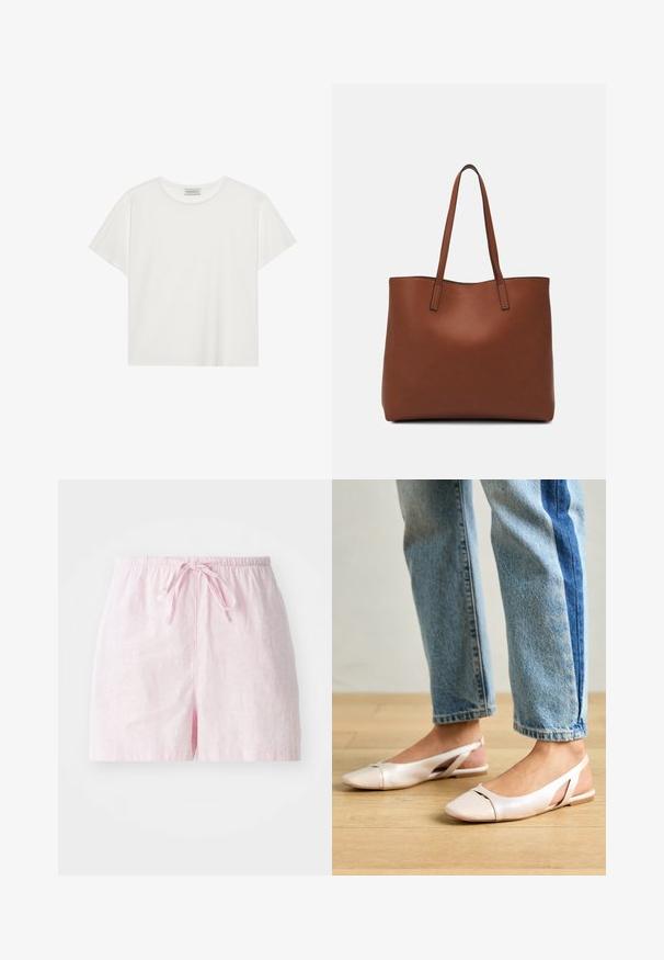 Hvit T-skjorte med kort erm laget av myk bomull. Har rund hals og avslappet passform. Rent design uten synlige mønstre eller aksenter.; Rosa linshorts med snøring i livet, som har en avslappet passform og glatt tekstur. Ingen lommer eller synlige lukkinger.; Lys rosa slingback leiligheter med spiss tå, laget av et glatt, læraktig materiale. Har utskjæringer på sidene og lav hæl.; Brun lær tote veske med en jevn tekstur, åpen toppdesign og to skulderstropper. Har minimal søm og ingen synlige spiker.