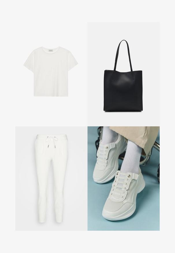 Weißes T-Shirt mit kurzen Ärmeln aus weicher Baumwolle. Verfügt über einen runden Halsausschnitt und eine lockere Passform. Sauberes Design ohne sichtbare Muster oder Akzente.; Weiße Sweatpants aus weichem Stoff, mit einer Kordelzug-Taille, zwei Seitentaschen und einer schmal zulaufenden Passform ohne sichtbare Muster oder Akzente.; Weiße Sneaker aus Mesh-Material, mit Gummisohle, schnürfreiem Design mit elastischen Bändern und goldfarbenen Akzenten.; Schwarze Laptoptasche aus Leder mit glatter Textur, rechteckiger Form und zwei langen Griffen. Keine sichtbaren Beschläge oder Verzierungen.
