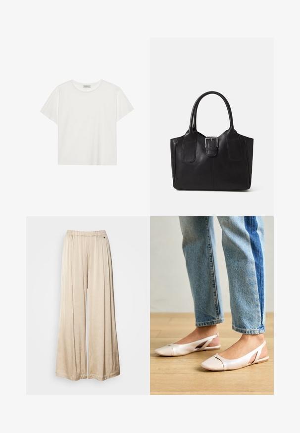 Witte T-shirt met korte mouwen, gemaakt van zachte katoen. Heeft een ronde halslijn en een relaxte pasvorm. Schoon ontwerp zonder zichtbare patronen of accenten.; Beige wijde broek gemaakt van zacht materiaal, met een elastische tailleband en een enkele decoratieve knoopdetail aan de zijkant.; Zachtroze slingback ballerina's met een spitse neus, gemaakt van een glad leerachtig materiaal. Bevat uitsnijdingen aan de zijkanten en heeft een platte hak.; Zwarte leren tote bag met een gladde textuur, gestructureerde vorm, twee handvatten en een opvallend zilveren sluitingdetail aan de voorkant.
