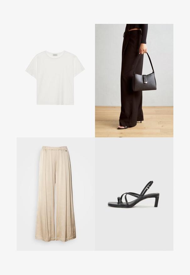 Valge lühikeste varrukatega t-särk, mis on valmistatud pehmest puuvillast. Omab ümmargust kaelust ja mugavat lõiget. Puhtad jooned, ilma nähtavate mustrite või aktsentideta.; Beez värvi laiad püksid, mis on valmistatud pehmest kangast, elastse vöökoha ja ühe dekoratiivse nööbi detailiga külgedel.; Mustast rihmajalatsid ruudukujulise varba ja madala ploki kontsaga. Omab mitmeid õhukesi rihmasid ja reguleeritavat pahkluu rihma. Valmistatud siledast nahast.; Must musta kott, millel on struktureeritud kuju, sile tekstuur ja metallist klamber. Kombineeritud laiate mustade pükstega ja avatud varvaste sandaalidega puidust põrandal.