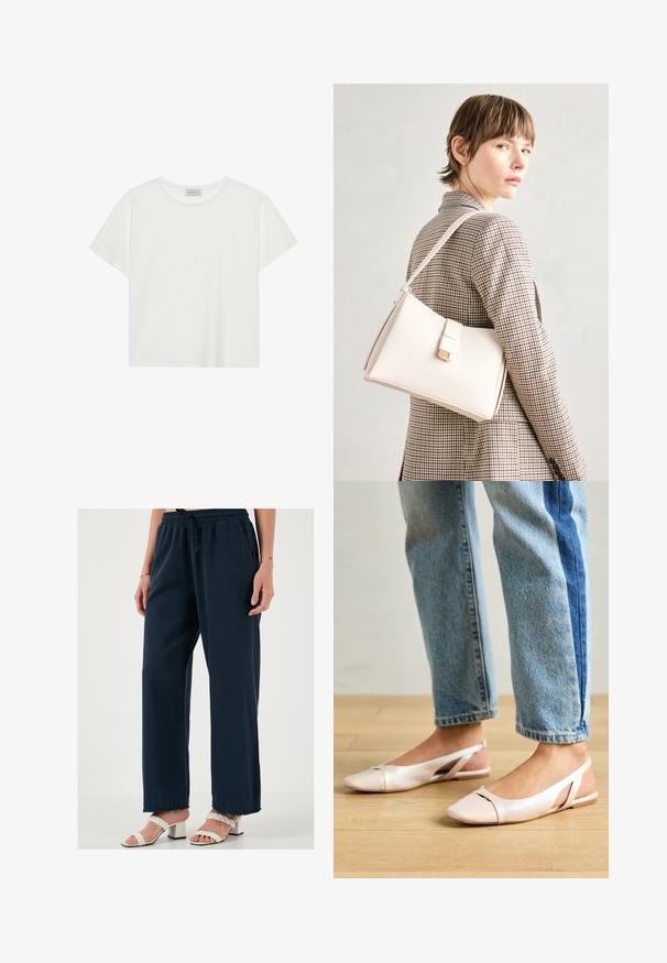 Witte T-shirt met korte mouwen, gemaakt van zachte katoen. Heeft een ronde halslijn en een relaxte pasvorm. Schoon ontwerp zonder zichtbare patronen of accenten.; Donkerblauwe wijduitlopende broek met een elastische tailleband en koord. Zachte stof met een ontspannen pasvorm en rafelige zoom. Gepaard met witte haksandalen.; Zachtroze slingback ballerina's met een spitse neus, gemaakt van een glad leerachtig materiaal. Bevat uitsnijdingen aan de zijkanten en heeft een platte hak.; Witte leren handtas met een gestructureerd ontwerp, voorzien van een magneetsluiting en een schouderriem, tentoongesteld tegen een neutrale achtergrond.