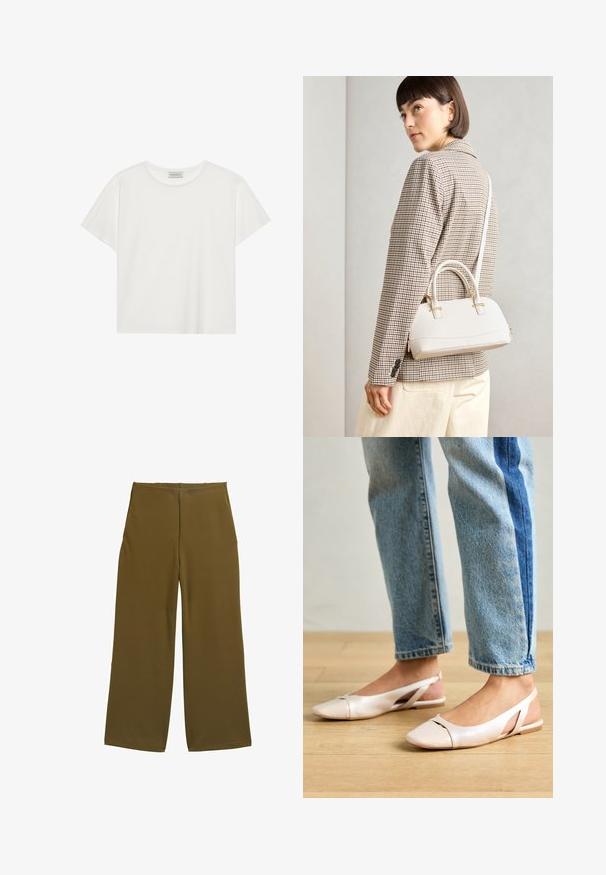 Biele tričko s krátkymi rukávmi vyrobené z jemnej bavlny. Má okrúhly výstrih a voľný strih. Čistý dizajn bez viditeľných vzorov alebo akcentov.; Široké nohavice z olivovo zelenej tkaniny so hladkou textúrou a bez viditeľných zapínaní. Navrhnuté pre uvoľnený strih s čistými líniami.; Svetloružové slingback baleríny s jemne špicatou špičkou, vyrobené z hladkého materiálu pripomínajúceho kožu. Majú výrezové detaily na stranách a plochý opätok.; Biela štruktúrovaná kabelka s krátkymi rúčkami a ramenným popruhom, s zlatými kovovými prvkami a textúrovaným materiálom, vystavená na šedom pozadí.
