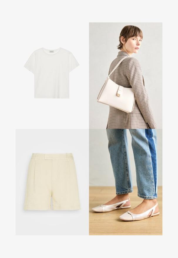 T-shirt blanc à manches courtes en coton doux. Présente un col rond et une coupe décontractée. Design épuré sans motifs ni accents visibles.; Lindex MARIA - Short - beige; Ballerines slingback rose pâle avec un bout pointu, fabriquées en un matériau semblable au cuir lisse. Présentent des découpes sur les côtés et un talon plat.; Sac à main en cuir blanc au design structuré, doté d'un fermoir magnétique et d'une bandoulière, présenté sur un fond neutre.