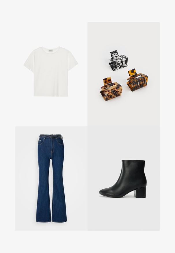 White short-sleeve T-shirt made of soft cotton. Features a round neckline and relaxed fit. Clean design with no visible patterns or accents.; Blue denim flared jeans with a high waist, contrast stitching, and a woven belt featuring a braided design. Smooth texture and classic style.; Black leather ankle boots with a pointed toe and a chunky heel. Smooth texture with minimal accents and a sleek, fitted design.; Three hair clips: one black and white marbled, two tortoiseshell in brown and black hues, all made of glossy plastic with a textured finish.