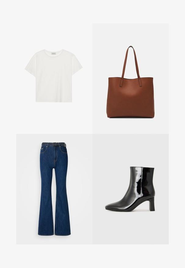 White short-sleeve T-shirt made of soft cotton. Features a round neckline and relaxed fit. Clean design with no visible patterns or accents.; Blue denim flared jeans with a high waist, contrast stitching, and a woven belt featuring a braided design. Smooth texture and classic style.; Black patent leather ankle boot with a pointed toe and a mid-height block heel. Smooth texture and minimalist design.; Brown leather tote bag with a smooth texture, open top design, and two shoulder straps. Features minimal stitching and no visible hardware.